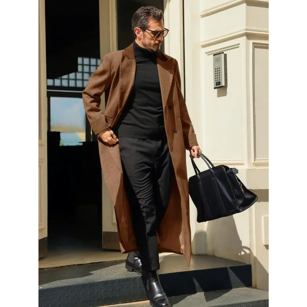 Men's Coffee Full Length Trench Coat Notched Lapel Long Jacket Double Breasted - Picture 3 of 5